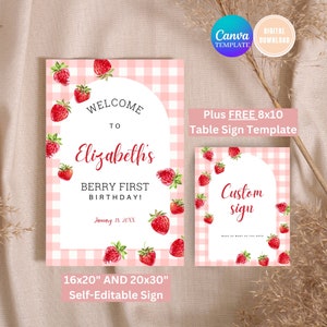 Gingham Strawberry First Birthday Welcome Sign (Digital Download)