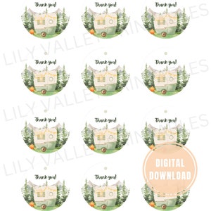 May include: Set of 8 printable round thank you tags featuring a watercolor illustration of a vintage camper van in a forest setting. The tags are perfect for favors or gifts at a camping themed party.