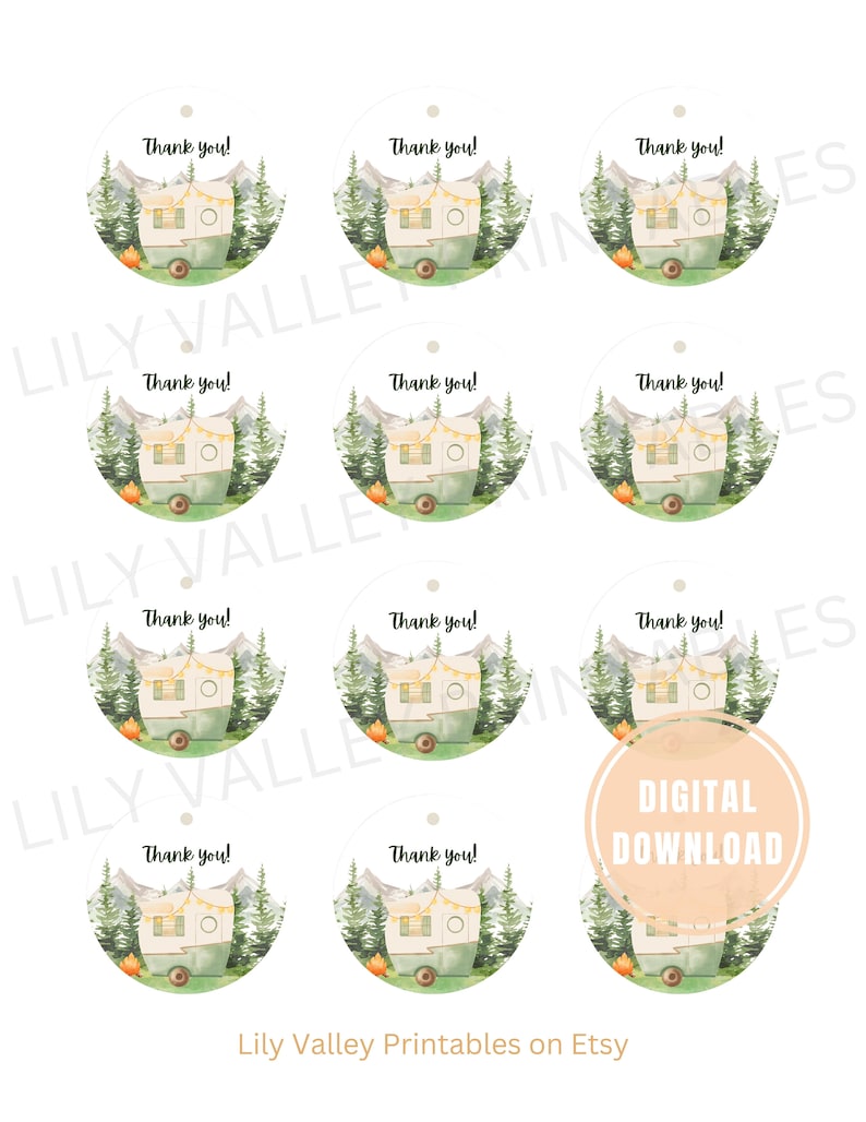 May include: Set of 8 printable round thank you tags featuring a watercolor illustration of a vintage camper van in a forest setting. The tags are perfect for favors or gifts at a camping themed party.