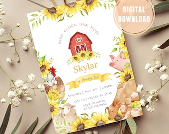 EDITABLE Sunflower Farm Birthday Invite, Sunflower Birthday, 2nd Birthday Girl, Farm Party, Farm Birthday Party, Farm Theme Party