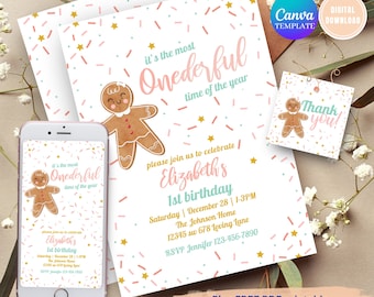 Gingerbread Girl 1st Birthday Invitation, Christmas Cookie Party (Digital Download)