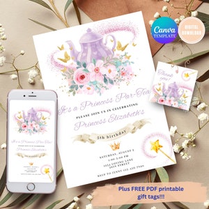UNIQUE Princess Tea Party Invitation, Princess Digital Invitation Birthday, Tea Party Birthday Invite, Princess Birthday Invitation, Teapot
