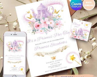 Princess Tea Party Invitation, Watercolor Teapot, Floral (Digital Download)