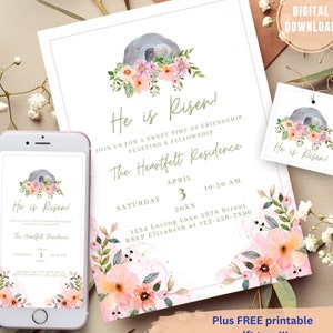 EDITABLE He Is Risen Resurrection Tomb Invitation, Watercolor Pink and Peach Floral Border, Easter Sunday Invite, Evite, Easter Decorations