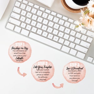 May include: A computer keyboard with three steps for purchasing, editing, and saving a digital template. The steps are written on pink watercolor circles with white text. Step 1: Purchase on Etsy. Step 2: Edit Your Template. Step 3: Save & Download.