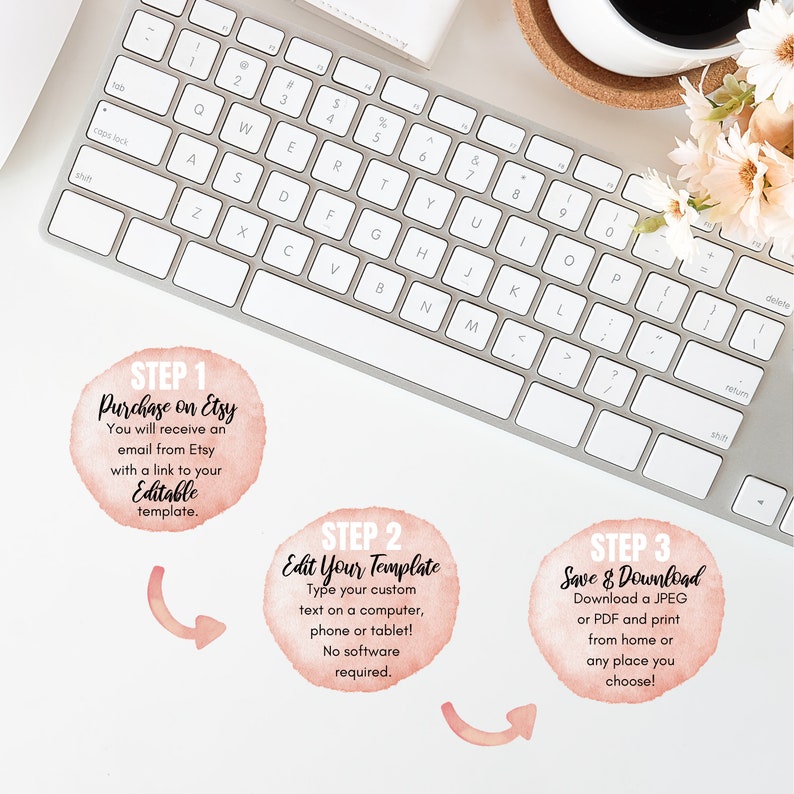 May include: A computer keyboard with three steps for purchasing, editing, and saving a digital template. The steps are written on pink watercolor circles with white text. Step 1: Purchase on Etsy. Step 2: Edit Your Template. Step 3: Save & Download.