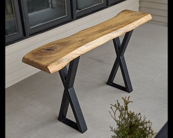 Spalted Sycamore Natural Live Edge Entryway Console Sofa Slab Table. Handmade with Metal Legs.