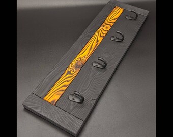 Torched Coat Rack. Charred Wood. Hooks. Home Decor. Rustic. Flame Design. Textured Art. Dimensional. Matte Black. Custom Furnishings. Burnt.