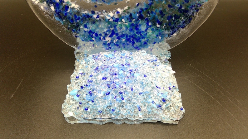 Ocean Beach Wave Fused Glass Table Display on Sparkling Circular Glass Stand