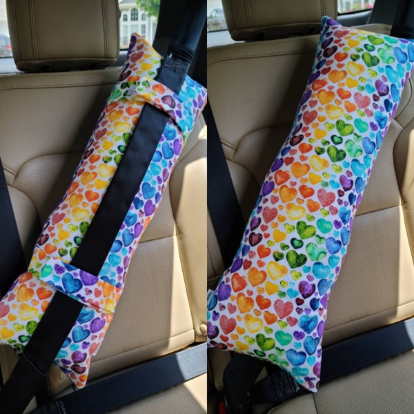 Rainbow Hearts Travel Pillow for Kids, Seat Belt Pillow, Kids Car Pillow,