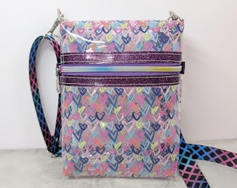 clear purple hearts stadium crossbody bag,