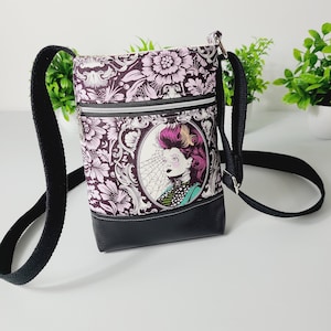 Tula Pink Night Shade Crossbody Phone Bag with Black Faux Leather Bottom Accent