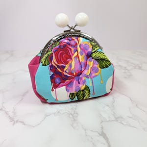 Blue and Pink Painted Roses Clasp Frame Coin Purse
