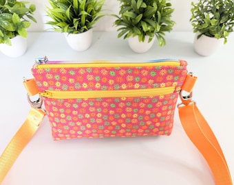 Orange Floral Double Zip Crossbody Bag