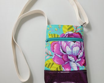 Blue and Pink Crossbody Phone Bag with Purple Vinyl Bottom Accent