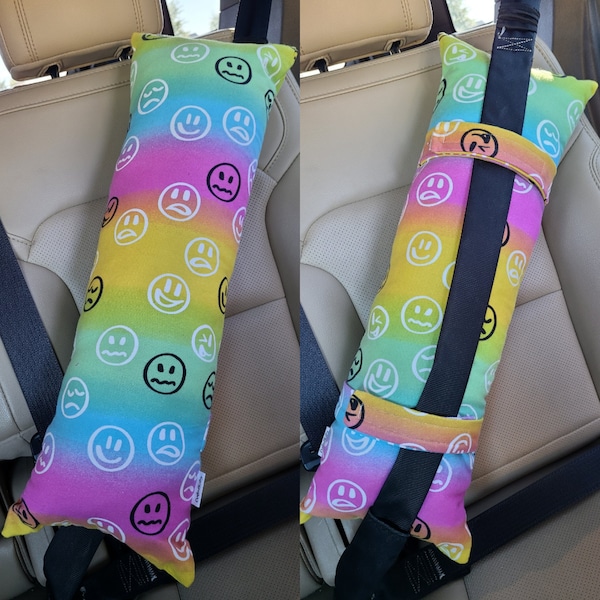 Tie Dye Emoji Faces Travel Seat Belt Pillow, Colorful Kids Car Pillow, Kids Travel Pillow