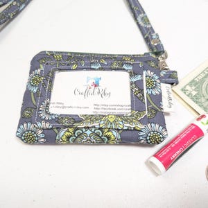 Floral Lanyard ID Wallet: Blue & Green Fabric Card Holder