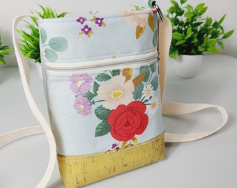 Light Blue Floral Crossbody Phone Bag with Cork Bottom Accent