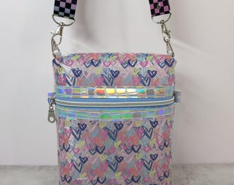 clear purple irredescent stadium crossbody bag,