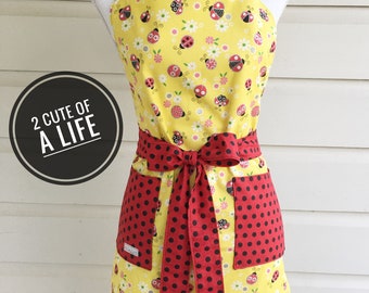 Aprons for women/aprons for adults/ladybugs/red ladybug/kitchen apron/baking aprons/cooking aprons/grilling aprons/housewarming gift