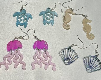 Acrylic Beach Earrings, Seahorse, Jellyfish, Octopus, Shell, Set of Three