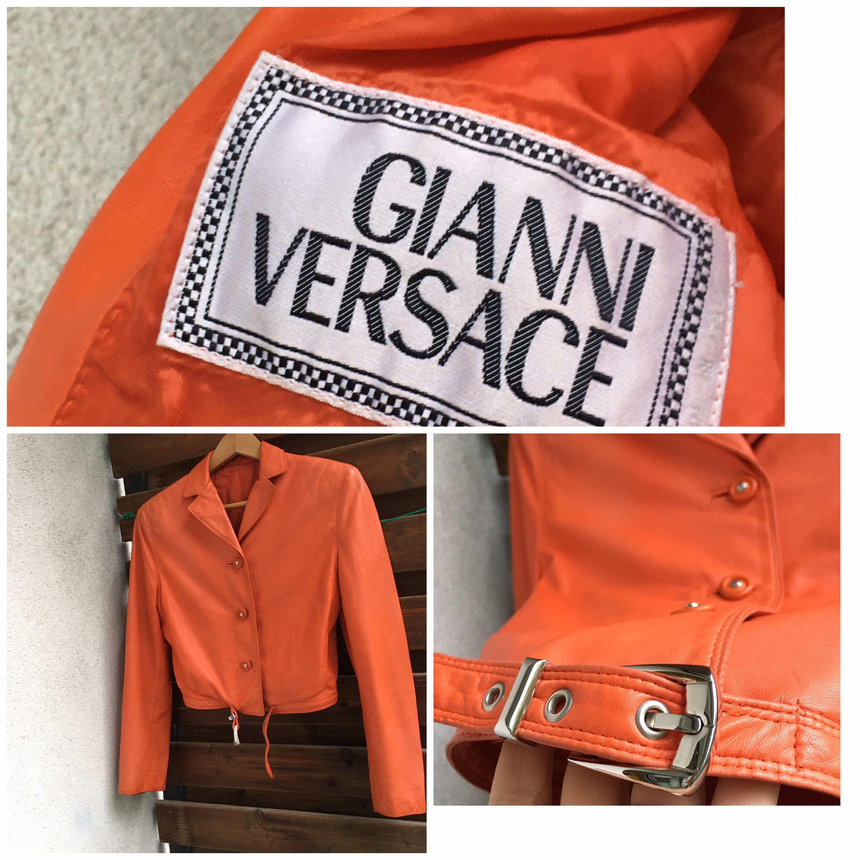 Gianni Versace Orange Genuine Leather Vintage Cropped Jacket