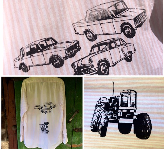 Handprinted cars and tractor vintage reworked pal… - image 1
