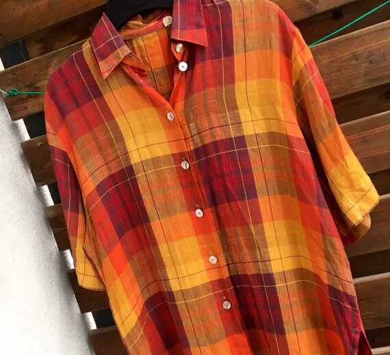 100% lino Laack vintage a cuadros botón abajo - Etsy México