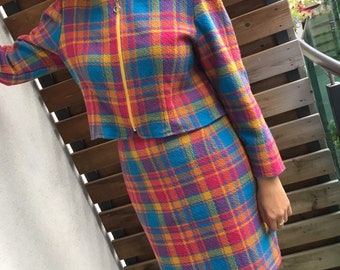 Vintage Finnish Reetriikka Wool Blend Plaid Skirt Suit: M-L Blazer Set