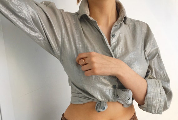 Metallic silver vintage 80s, 90s button down dress