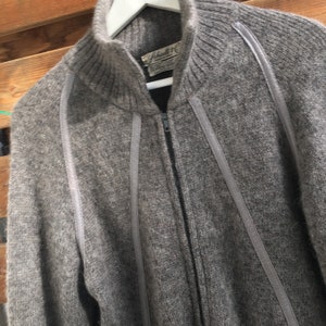 70s mohair wool Schiatti & Co Italian zipper front leather trim grey sweater knitwear / jacket S-M