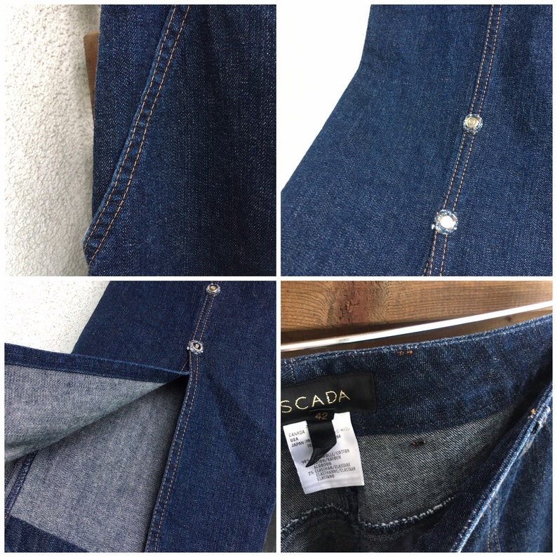 May include: A dark blue denim skirt with a front slit and a gold label that reads "SCADA 42".