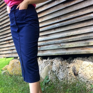 Vintage 80s button down, high waist blue utility pencil skirt with pockets S-M