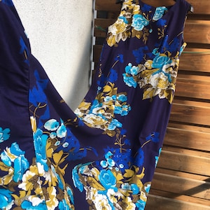 Finnish Kaisu Heikkilä 1970s 1980s Scandinavian vintage blue floral flower print boho maxi dress S-M