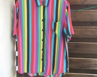 Kurt Kellermann rainbow multicolored striped vintage button down shirt / blouse M-XL