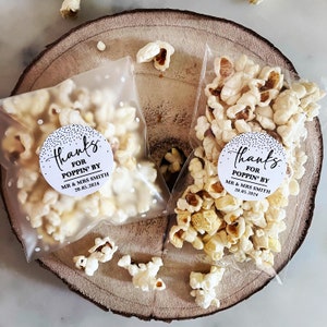 Fill your own Popcorn Favours // Wedding Favours // Thanks for Poppin' by // Gold Foiled Stickers