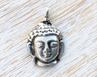 Greek Pewter Buddha Pendant 28mm / 1pc, Buddhist Bead, Silver Buddha Head Pendant, Buddha Bead, Rustic Silver Buddha Head Pendant (MK052)