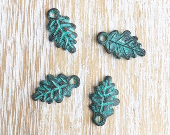 Copper Patina Leaf Charms 20mm / 4pc, Greek Casting Leaf Beads, Blue Green Patina, Oak Leaves, Tree Leaf Charms, Autumn Leaf Charms (MK036)