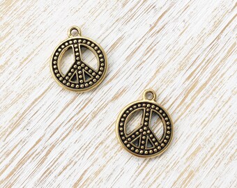 Large Peace Charm 23mm / 2pc, 22k Gold Plated Peace Charm, Yoga Charms, Hippie Beads, Peace Sign Charm, Peace Pendant, Peace Bracelet (T)