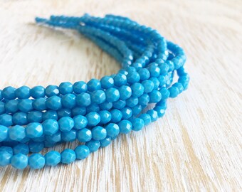 Bright Blue Picasso Fire Polished Czech Glass 4mm / 50pc, Small Shiny Faceted Matte Sky Blue Beads, Tiny Shimmering Barrel Beads (CZ1046305)