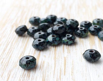 10pc / 6mm Faceted Rondelle Jet Black w/ Forest Green Matrix Czech Glass Beads, Premium Picasso Fire Polished Czech Glass Bead (CZ64001)