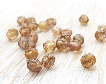 10pc Transparent Yellow Copper Golden Shimmer Faceted Round Glass Bead, Gold Flecked Fire Polished Premium Picasso Czech Glass 6mm (CZ06001)