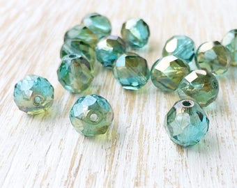 10pc / 8mm Blue Green Gold Iridescent Faceted Round Glass Beads, Transparent Aquamarine Shimmering Fire Polished Czech Glass Beads (CZ08002)