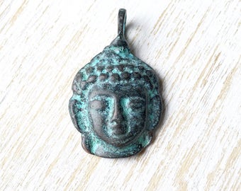 Greek Patina Buddha Pendant 28mm / 1pc, Buddhist Bead, Blue Buddha Head Pendant, Copper Patina Bead, Turquoise Buddha Head Pendant (MK021)