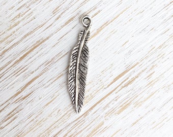 Antique Fine Silver Feather Pendant 33mm / 2pc, Tribal Jewelry, Silver Feather, Native Pendant, Silver Charms Findings Nunn Designs (A006)