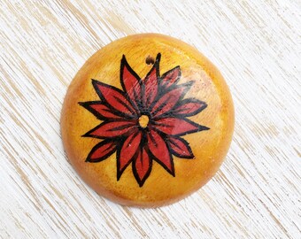 Hand-painted Wood Flower Pendant 44mm / 1pc, Painted Red Flower Pendant, Necklace Findings, Flower Bead, Red Flower, Floral Pendants (B0007)