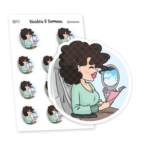 May include: A set of 9 round stickers featuring a cartoon illustration of a woman with curly brown hair sitting in an airplane seat, looking out the window. The woman is wearing a light blue sweater and holding a pink envelope. The stickers are white with a black outline.