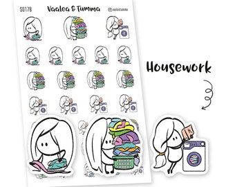 Housework planner stickers, Ensi - S0178, Cleaning planner stickers, Washing machine stickers, Cleaning day, Washing girl