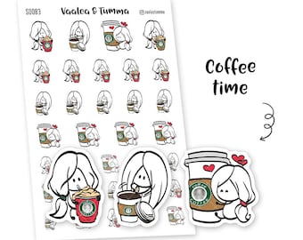 Kawaii stickers koffietijdplanner – handgetekende dagelijkse stickers