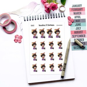 May include: A sheet of stickers featuring a cartoon illustration of a woman with brown skin, black hair, and a purple shirt. She is holding a cup of coffee and wearing a yellow headband. The stickers are arranged in a grid pattern on a white background. The text "Vaalea & Tumma" is printed at the top of the sheet.